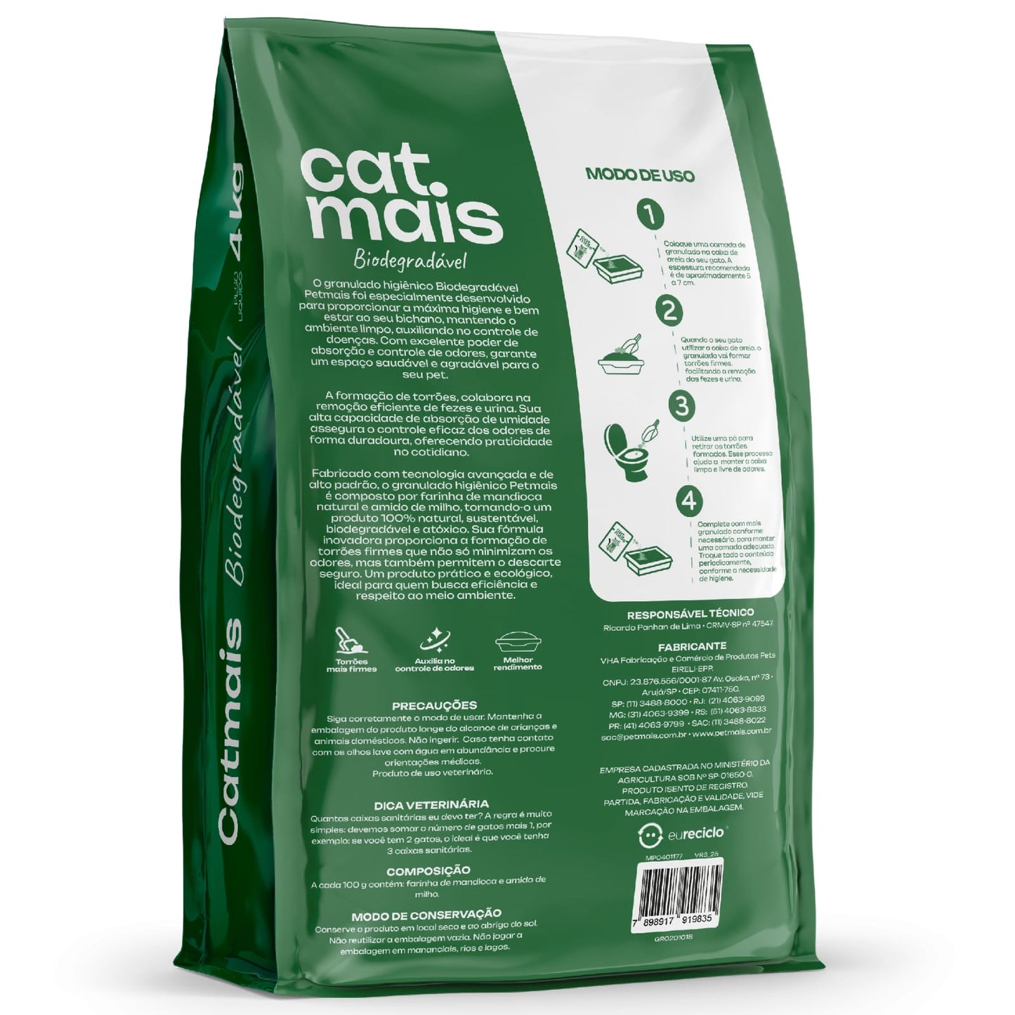 Kit 4x Areia para Gatos CatMais Biodegradável 4kg – Natural, Econômica e Ultra Eficiente